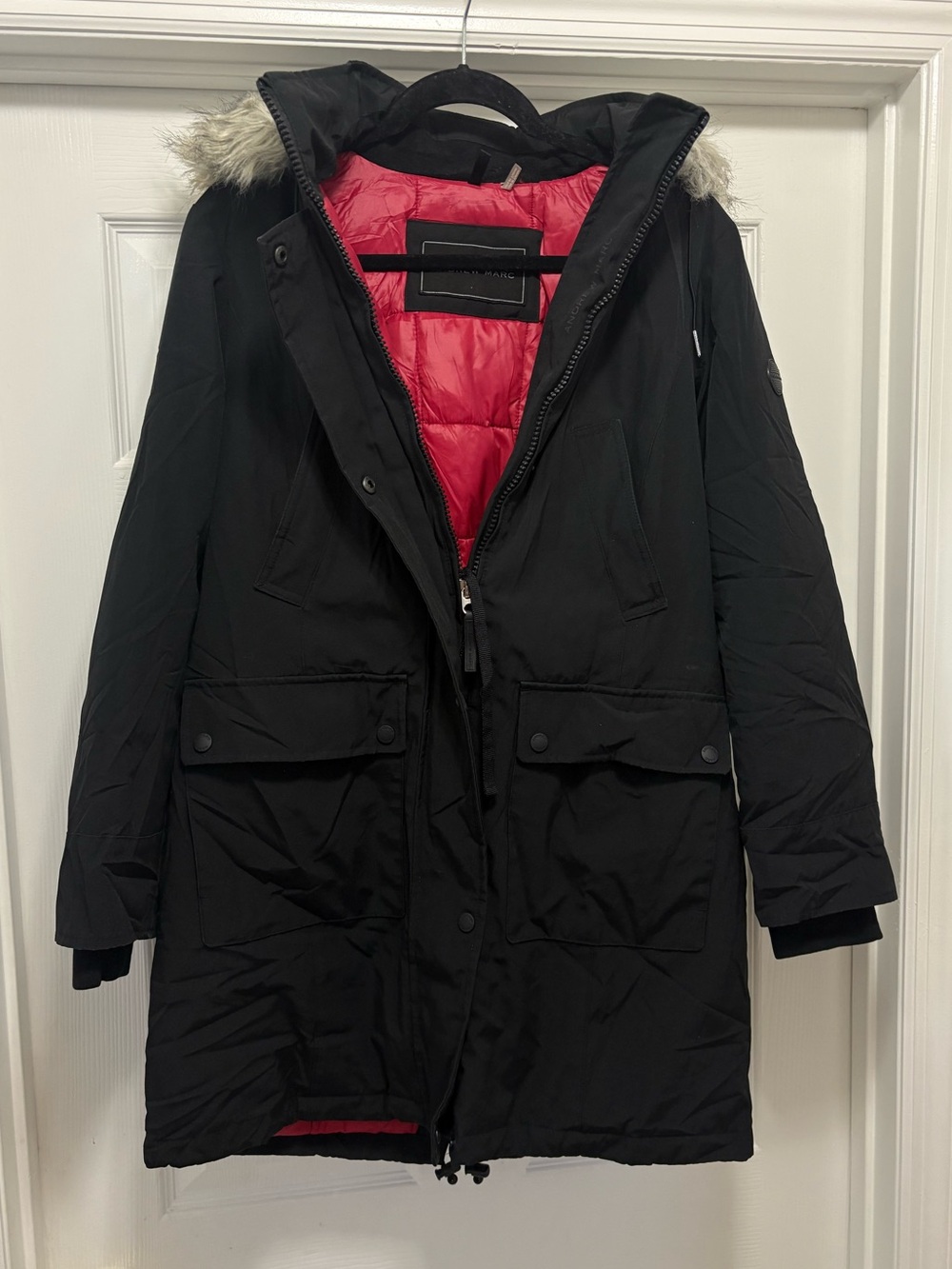 Andrew Marc Black Snorkel Parka Jacket Red Quilted Lining Faux Fur Hood Small
